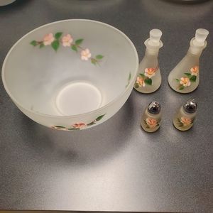 Vtg. Hand Painted Satin Salad Bowl with Salt And Pepper Shaker, Oil & Vinigar